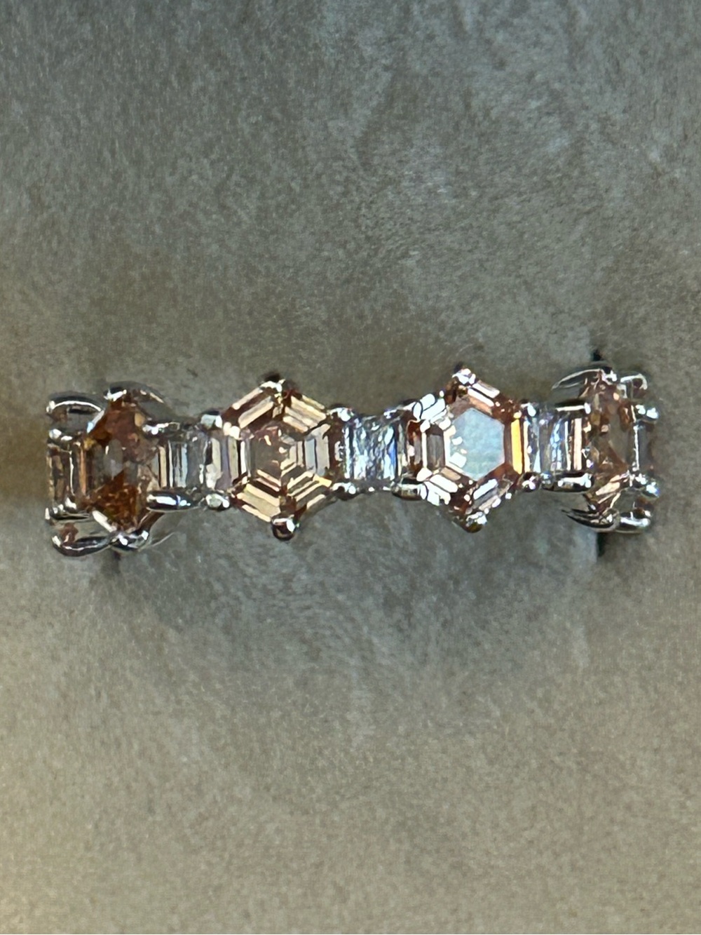 Hexagon Shaped Peachy Tone Smokey Topaz Ring w/Cubic Zirconia & Rhodium Plating